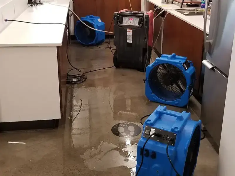 Dehumidifier and three air movers drying a wet kitchen floor beside the cabinets