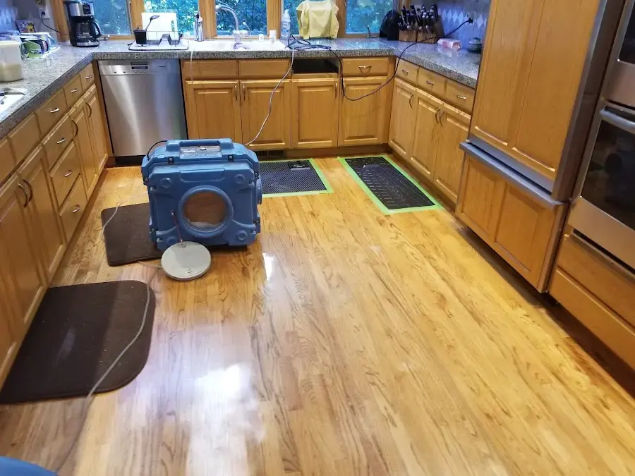 Kitchen with drying mats on the hardwood floor and a drying unit running near the dishwasher