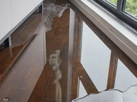 Water pooled across hardwood flooring beneath a window